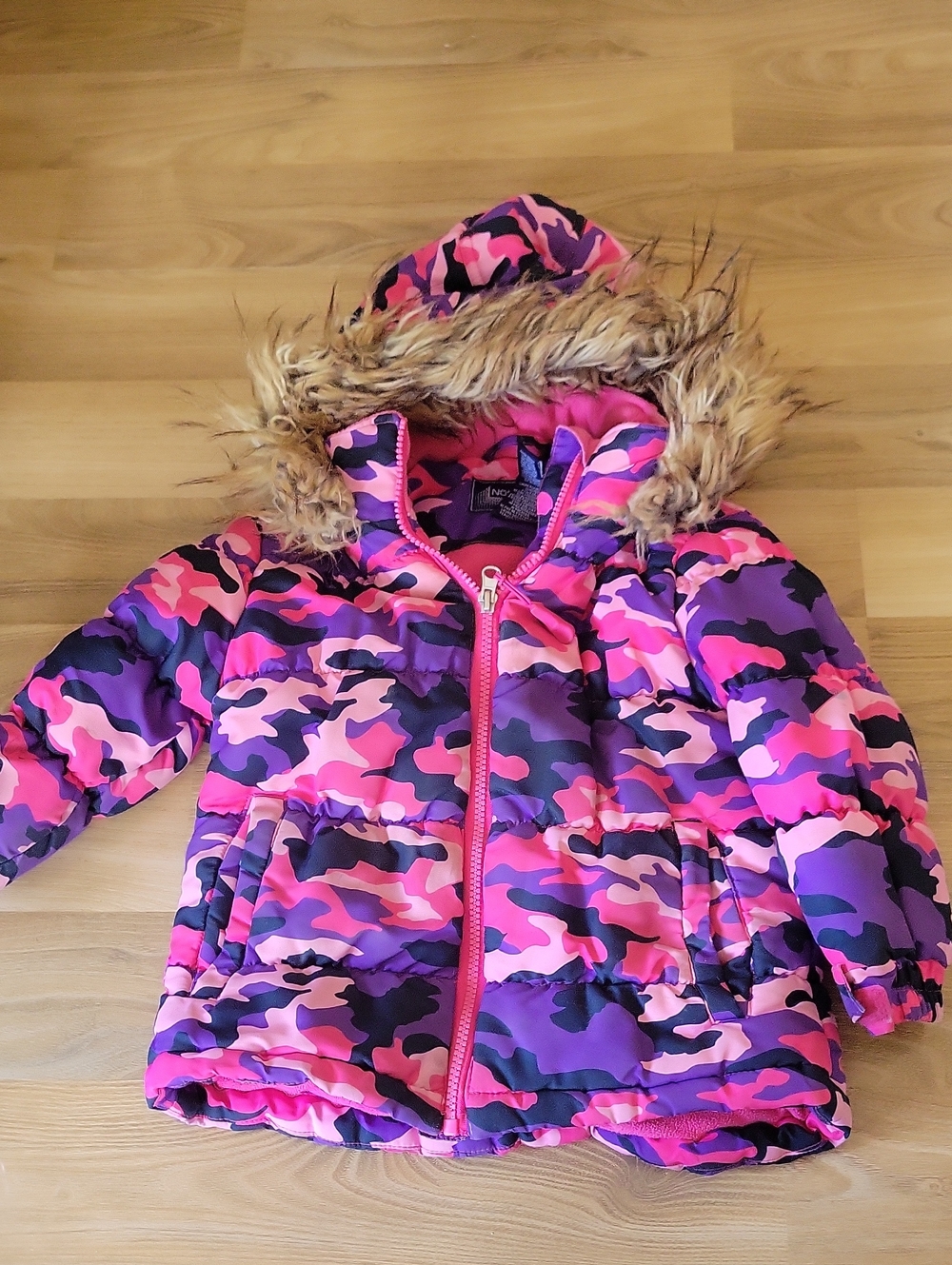 Girls' Pink & Purple Camouflage Puffer Jacket with Faux Fur Hood